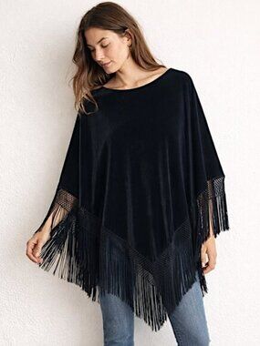 Vintage Chico's Black Velvet Cape Poncho with Fringe